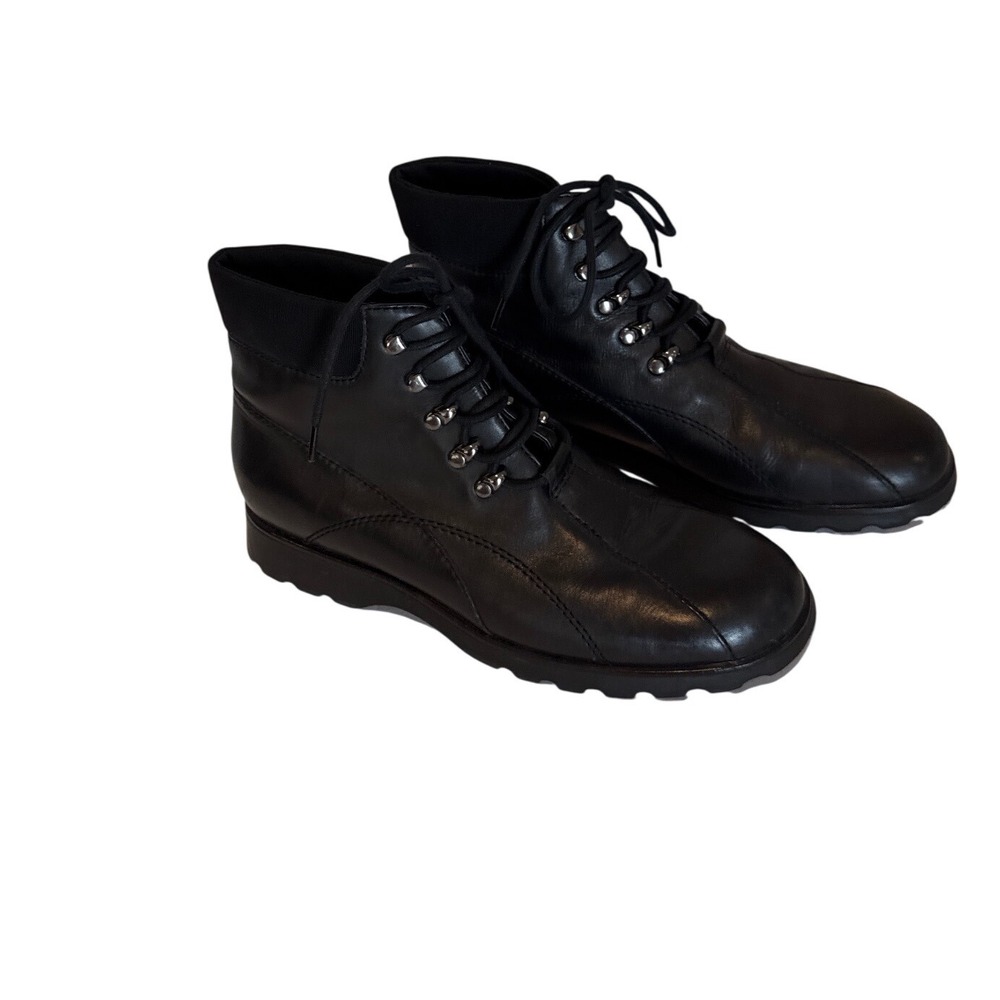 Nicole Syreeta Black Leather Lace Up Cute Ankle Boots Womens 9M Lug Sole Utility